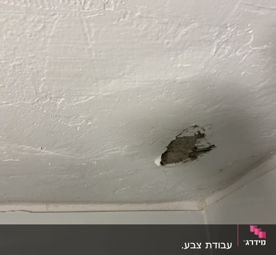 חור וקילוף טיח בקיר פנימי לפני תיקון וצביעה